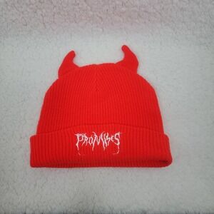 Broken Promises Graveyard Beanie Hat Red Devil Horn Embroidered Logo Streetwear